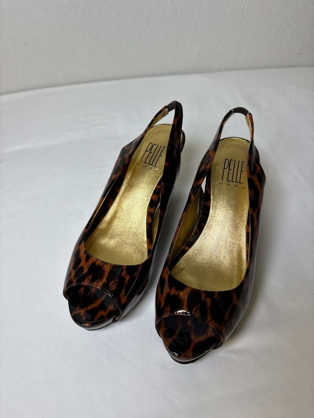 Pelle Moda Leopard Print Patent Leather Peep Toe Slingback Wedge Shoes